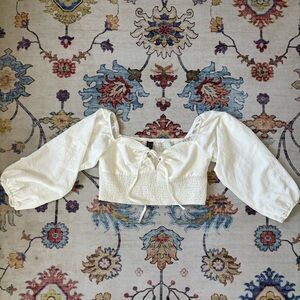 SHEIN White Puff Sleeve Cropped Smocked Blouse Milkmaid Large NWT